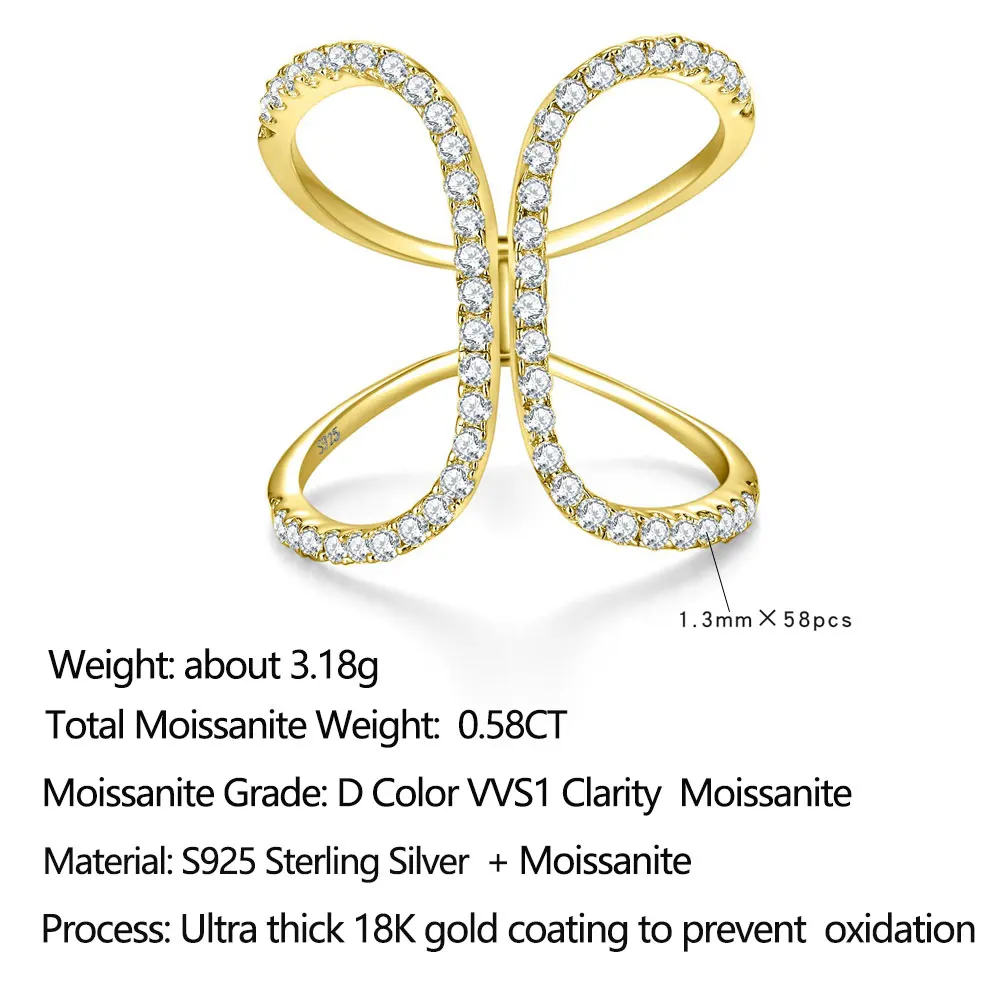 Pretty Beauty Moissanite Crisscross Bow Ring for Women S925 Sterling Silver Ultra Thick Gold Plated Hypoallergenic Jewelry Gift