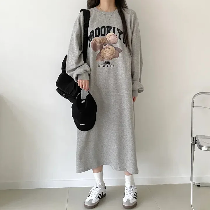 Japanisches Herbst-Winter-Frühlings-Langarm-Dünnes Kleid Damen Fleece-Oberteil Mittellanger Trendiger Rock Übergröße Lässiges Langes Kleid – Detail 9