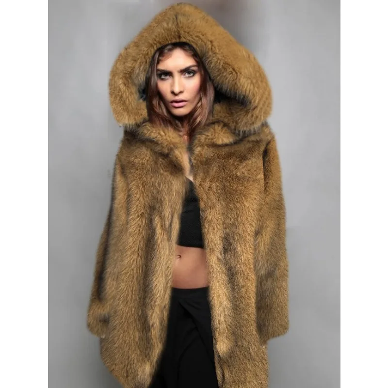 Luxury Brand Fur Coats Women Winter Hooded Long Faux Fur Jacket Thickened Long Sleeve Warm Streetwear Fox Fur Chic Coat