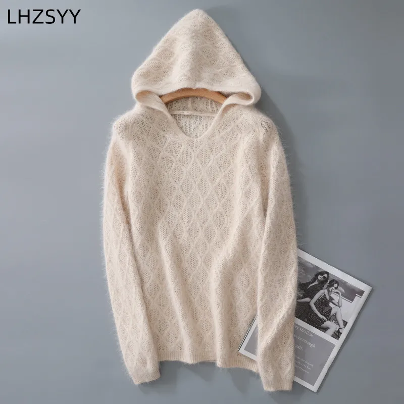 Ladies 100% pure Mink Cashmere Hoodie Autumn New Hooded Pullovers Hollow Long-Sleeve Sweaters Women Tops Knit Loose Base Shirts