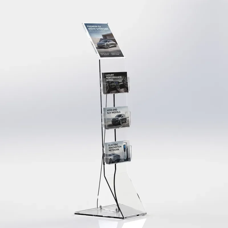 Custom Transparent Acrylic Literature Display Stand 3 Tier Floor to Ceiling Brochure Holder for Showroom Document