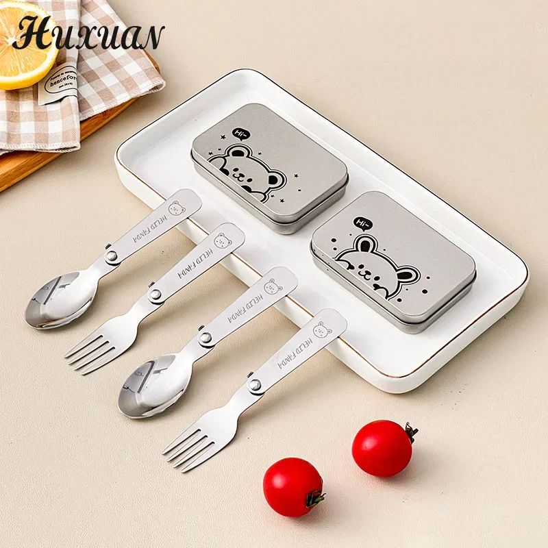 

Портативный складной набор посуды из нержавеющей стали 304, 2 шт./кор., складная вилка, ложка с коробкой для столовых приборов, милая посуда для пикника