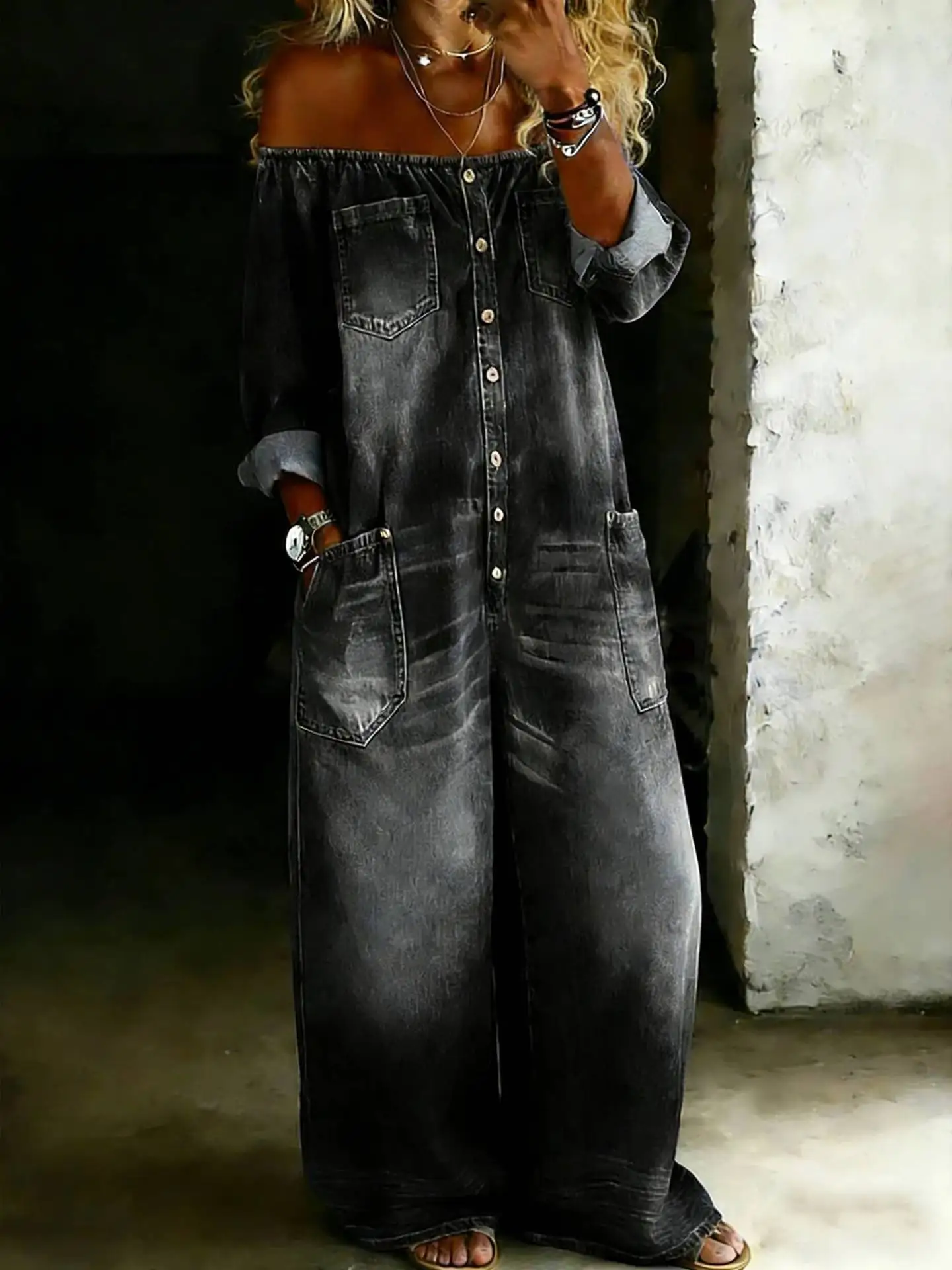 Mode Retro Imitatie Denim Jumpsuit voor Dames Zomer 2026 Enkelrijig Off-shoulder Lange Losse Jumpsuit Overall Broek