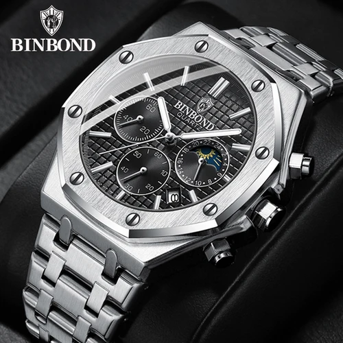Reloj de cuarzo BINBOND de la mejor marca para hombre, reloj de pulsera con cronógrafo luminoso de lujo, reloj con calendario de fecha resistente al agua de acero inoxidable para hombre