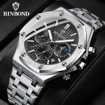 BINBOND top brand man Quartz watch luxury luminous chronograph wristwatch stainless steel waterproof men date calendar watch