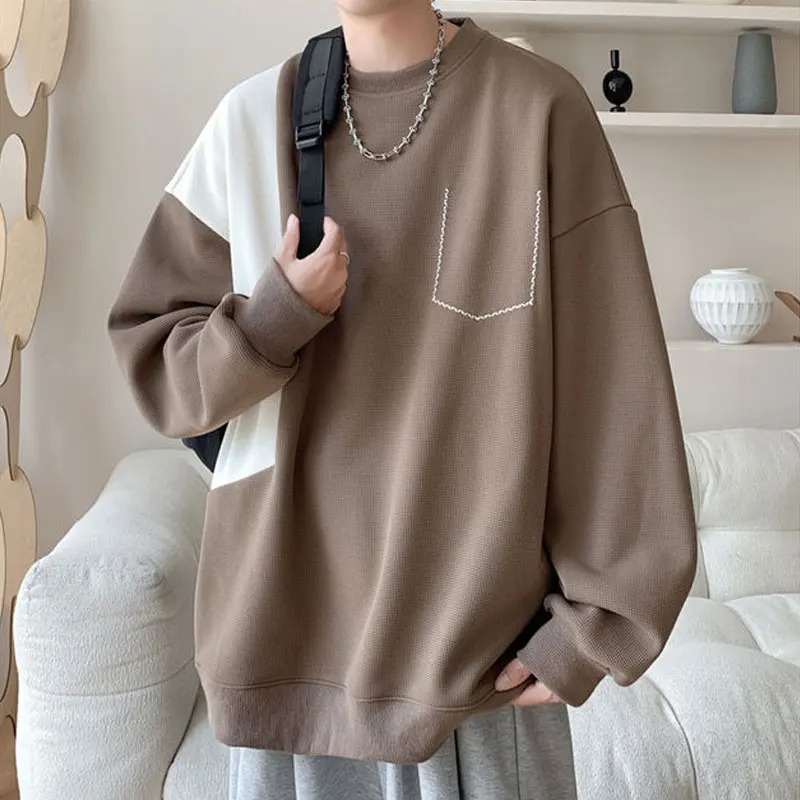 

Casual Patchwork Sweatshirts Spring Autumn New Contrasting Colors Basic Men's Clothing Asymmetrical Korean Long Sleeve Pullovers