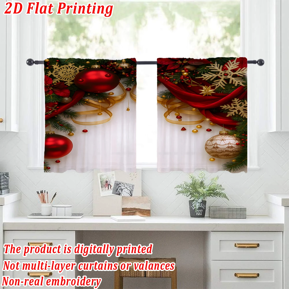Christmas Flat Printing Kitchen Sheer Curtain with Merry Christmas Ball Snowflake Ornament For Christmas Home Decor  Party