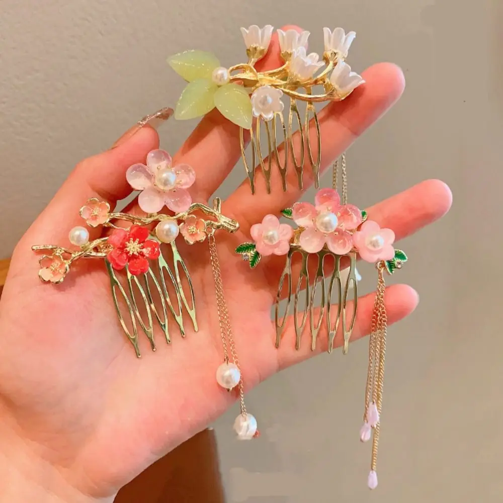 Tassel Flower Hair Comb Pearl Hair Sticks for Buns Children's Hairpin Hanfu Headwear Hair Chopstick Chinese Style Hair Stick