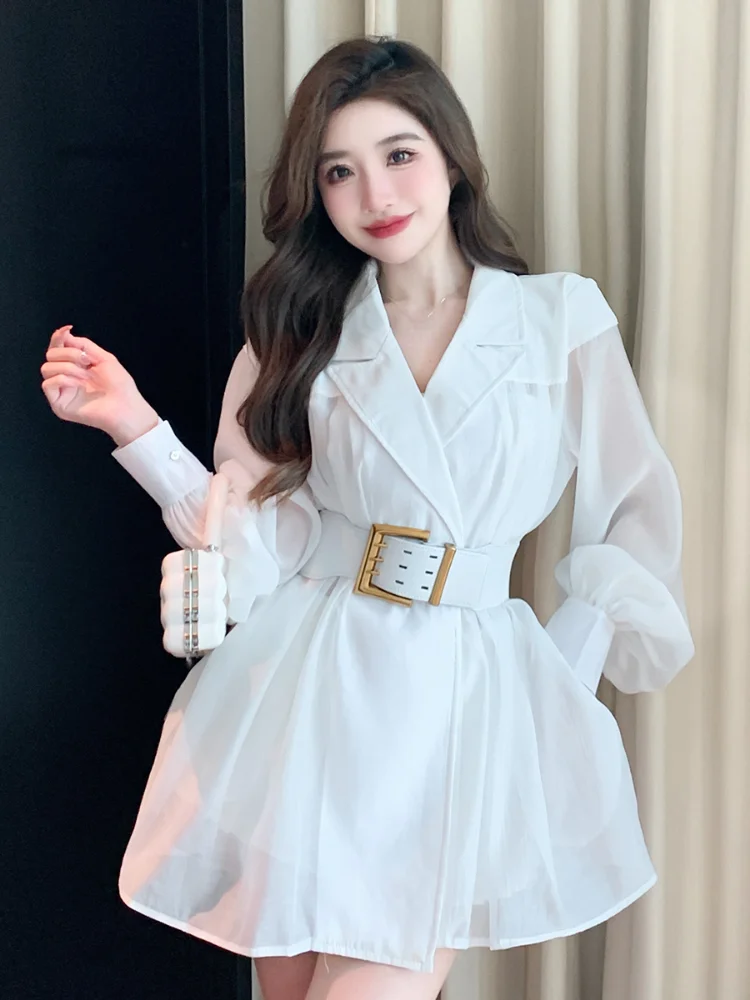 Woherb Temperament Robe Femme Turn Down Collar Belt Woman Dress Slim Waist A-line Vintage Vestido 2024 Korean Chic Solid Dresses