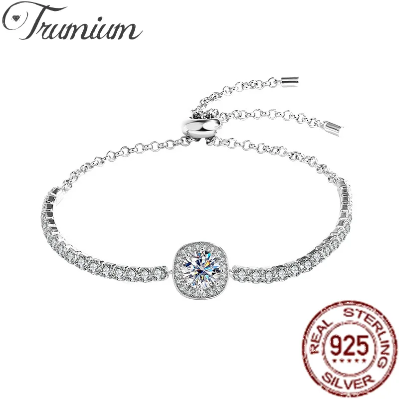 Trumium 1ct Moissanite Diamond Square Halo Bracelet for Women S925 Sterling Silver Luxury Sparkling Push-pull Hand Chain Jewelry