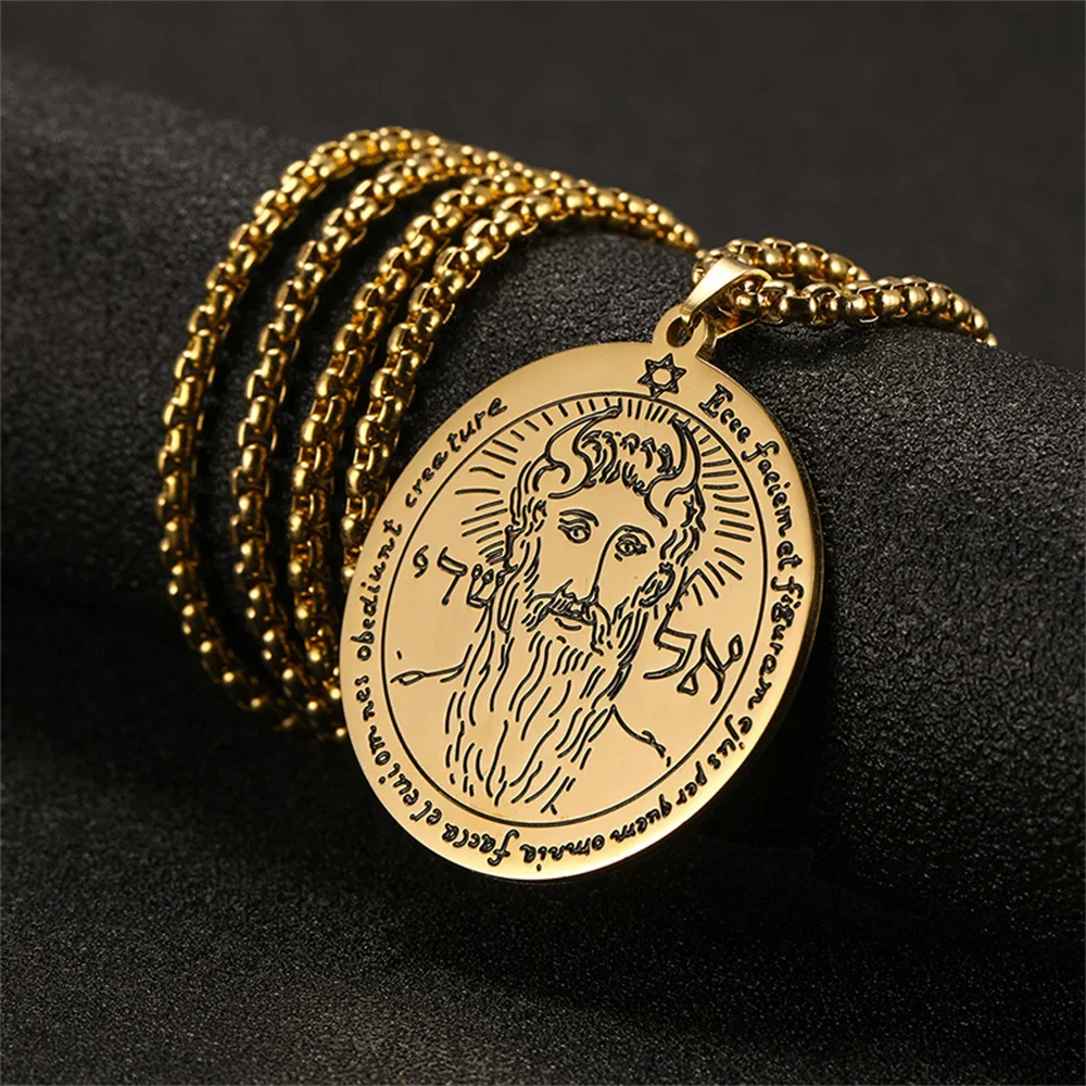 VASSAGO Stainless Steel First Pentacle of the Sun Pendant Necklace Key of Solomon Seal Round Charm Wide Chain Talisman Jewelry