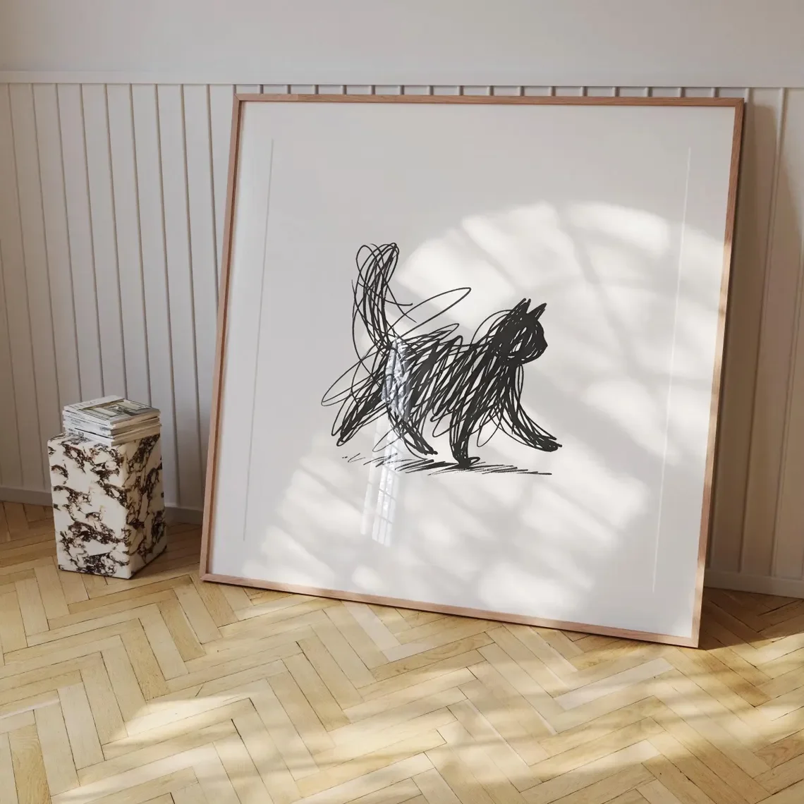 Retrato de mascota Scribble Cat Arte lineal minimalista, descarga digital de gato juguetón, decoración de pared moderna para amantes de los gatos, gatito imprimible