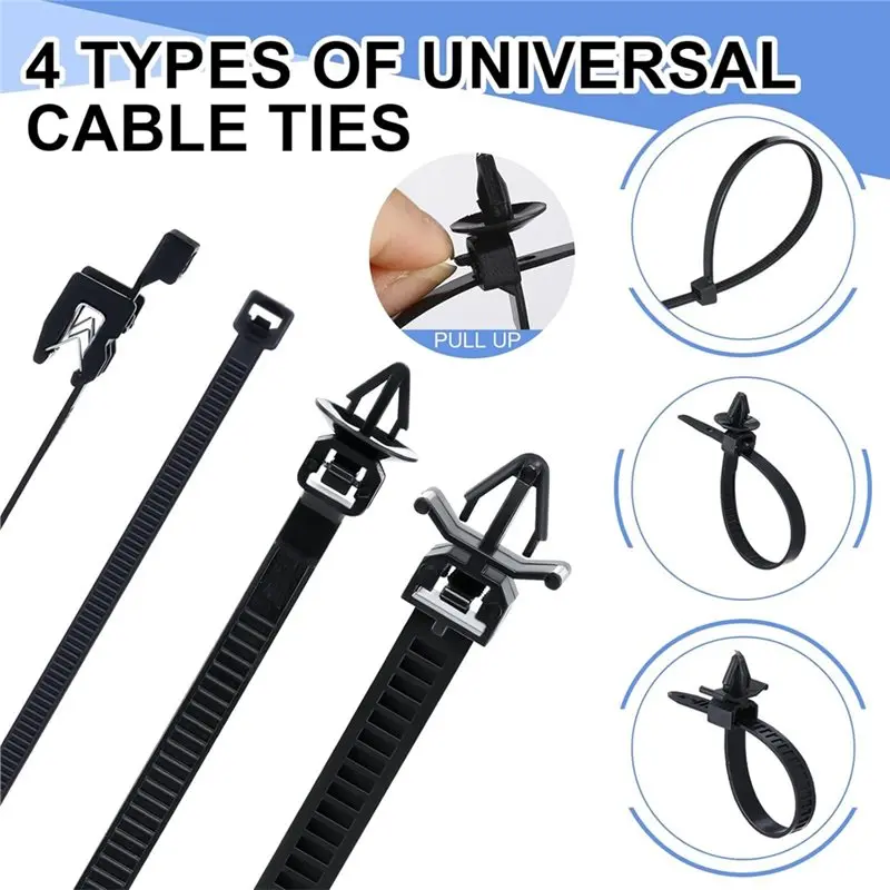 A20F-Car Harness 200Pcs Cable Tie Assembly 15 Sizes Wire Loom Push Mount Routing Clips Assortment