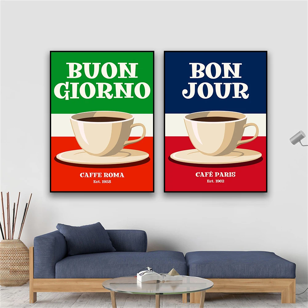 Retro Bonjour Druck Poster Küche Wand kunst Café Illustration Reise Paris Leinwand Malerei Kunst Home Küche Restaurant Dekor