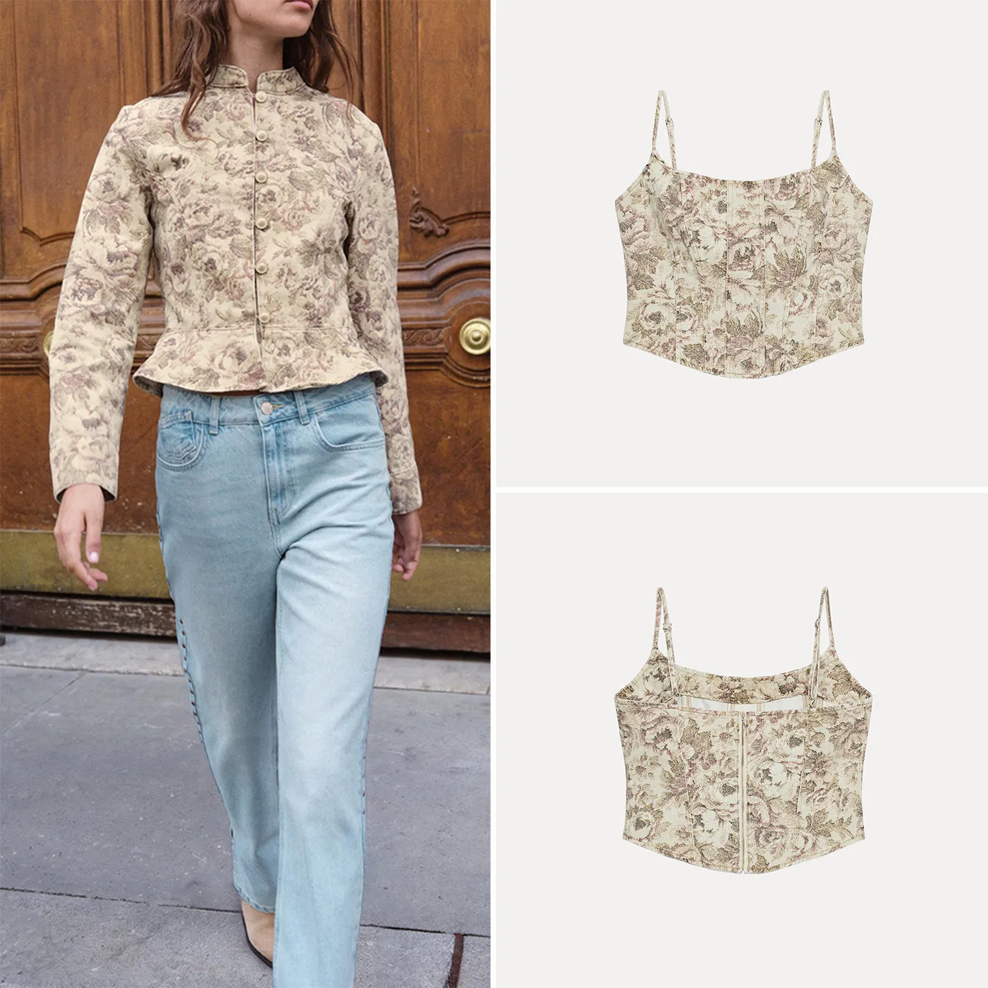 Women's Long Sleeve Floral Print Jacket Coat Stand Collar Short Top Two-Piece Set Fashionable Outerwear Autumn Season China