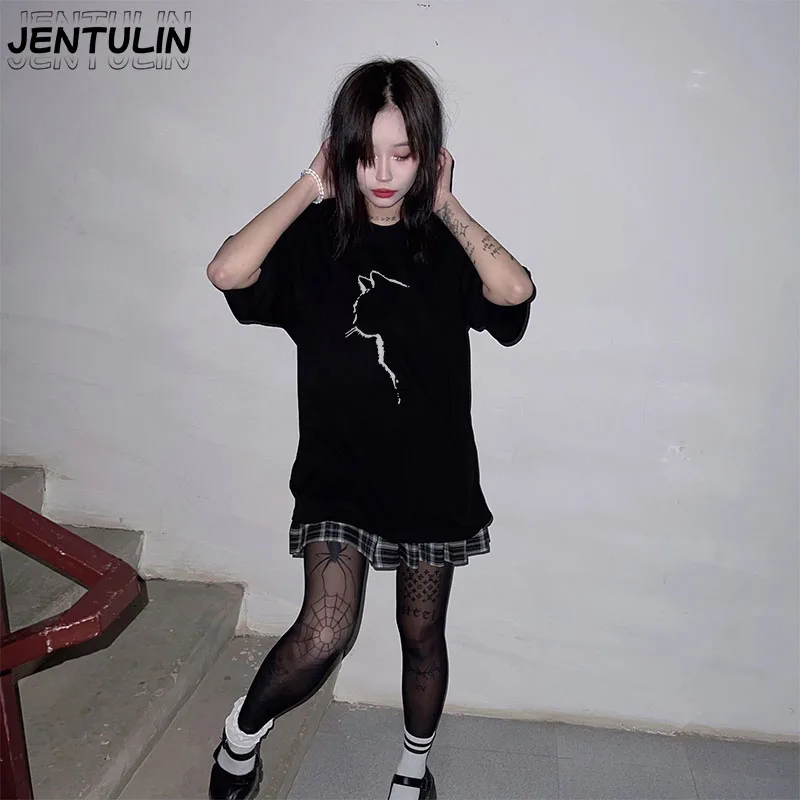 

Men's Clothing Short Sleeved Tee Cotton Cat Graphic T-shirt Y2K Gothic Loose Punk Hip Hop Male Shirts Summer Street Fashion Tops