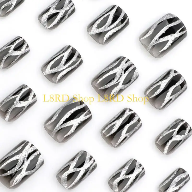 L8RD 24x uñas postizas con gradiente negro, prensa cuadrada para uñas, uñas acrílicas brillantes