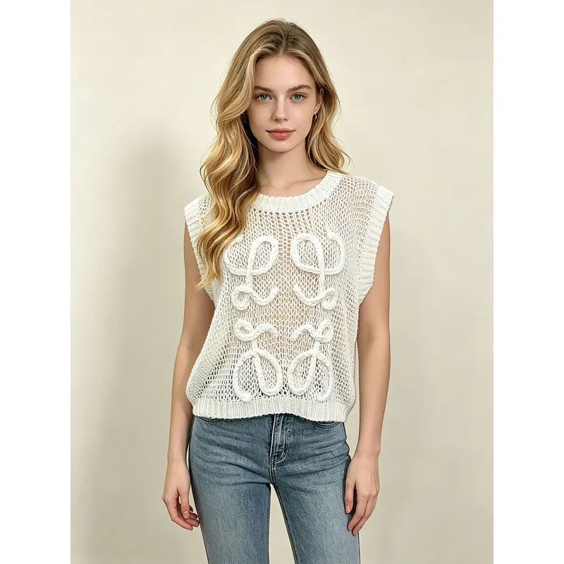 Women Sleeveless Openwork Mesh Knit Vest Crew Neck Cable Embossed Cropped Loose Crochet Tank Top Summer Layering