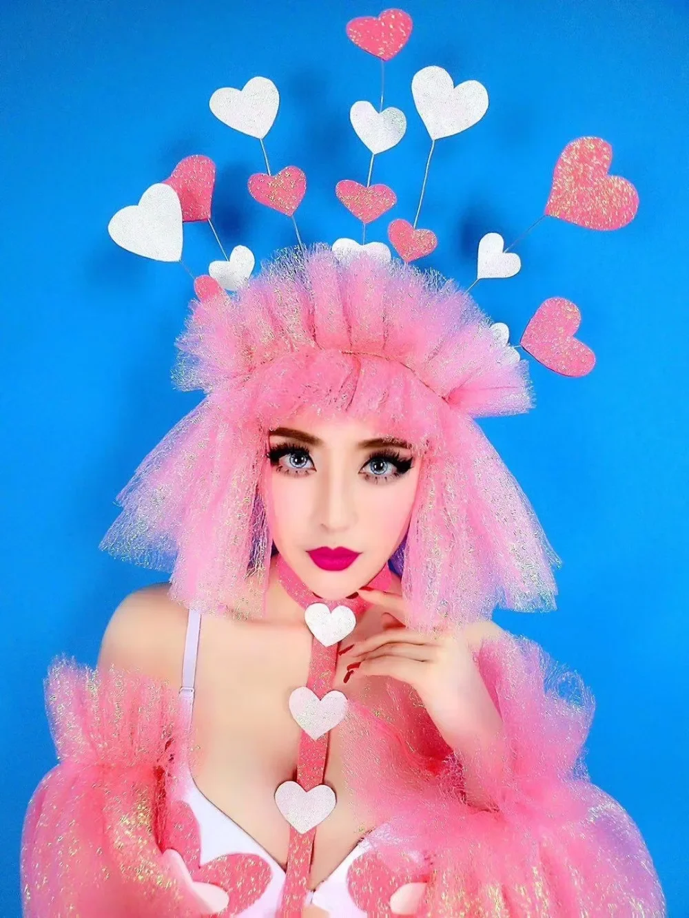 Nachtclub GOGO Tanzkostüm Bikini Kopfbedeckung Sängerin tragen Performance Puffärmel Set Rave Valentine Festival Kleidung