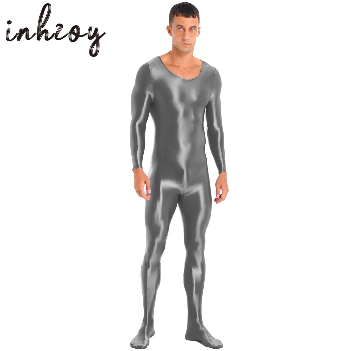 Homem brilhante suave bodystocking óleo brilhante manga longa um pedaço bodysuit macacão ginásio de fitness corpo inteiro collant banho maiô