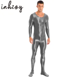 Men Glossy Smooth Bodystocking Oil Shiny Long Sleeve One-Piece Bodysuit Jumpsuit Gym Fitness Full Body Leotard Swimwear Swimsuit