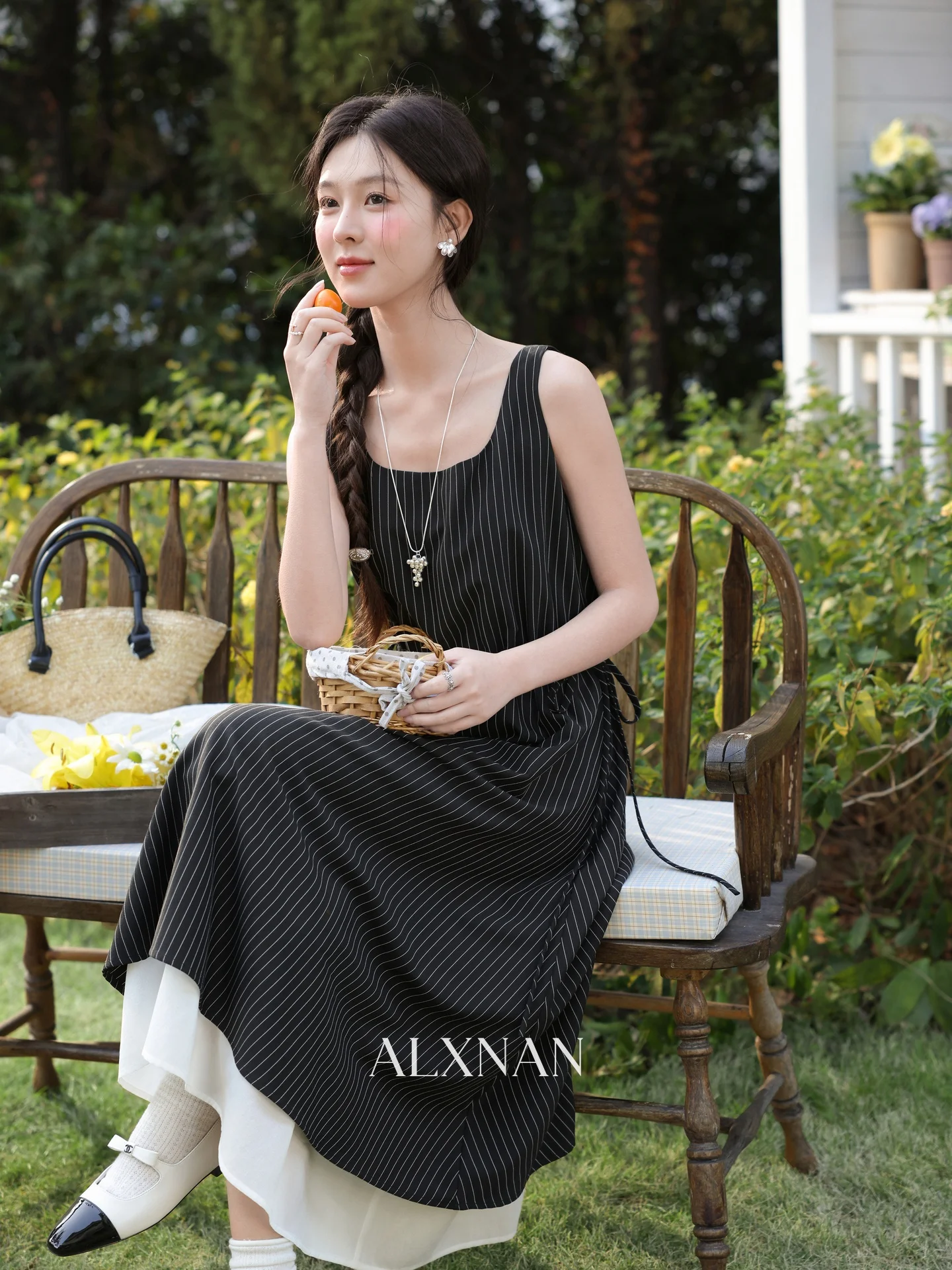 

Summer Women's Stripe Patterned Two-Piece Effect Vest Dress Slim Fit Long A-Line Skirt Style Casual round Neck Gown