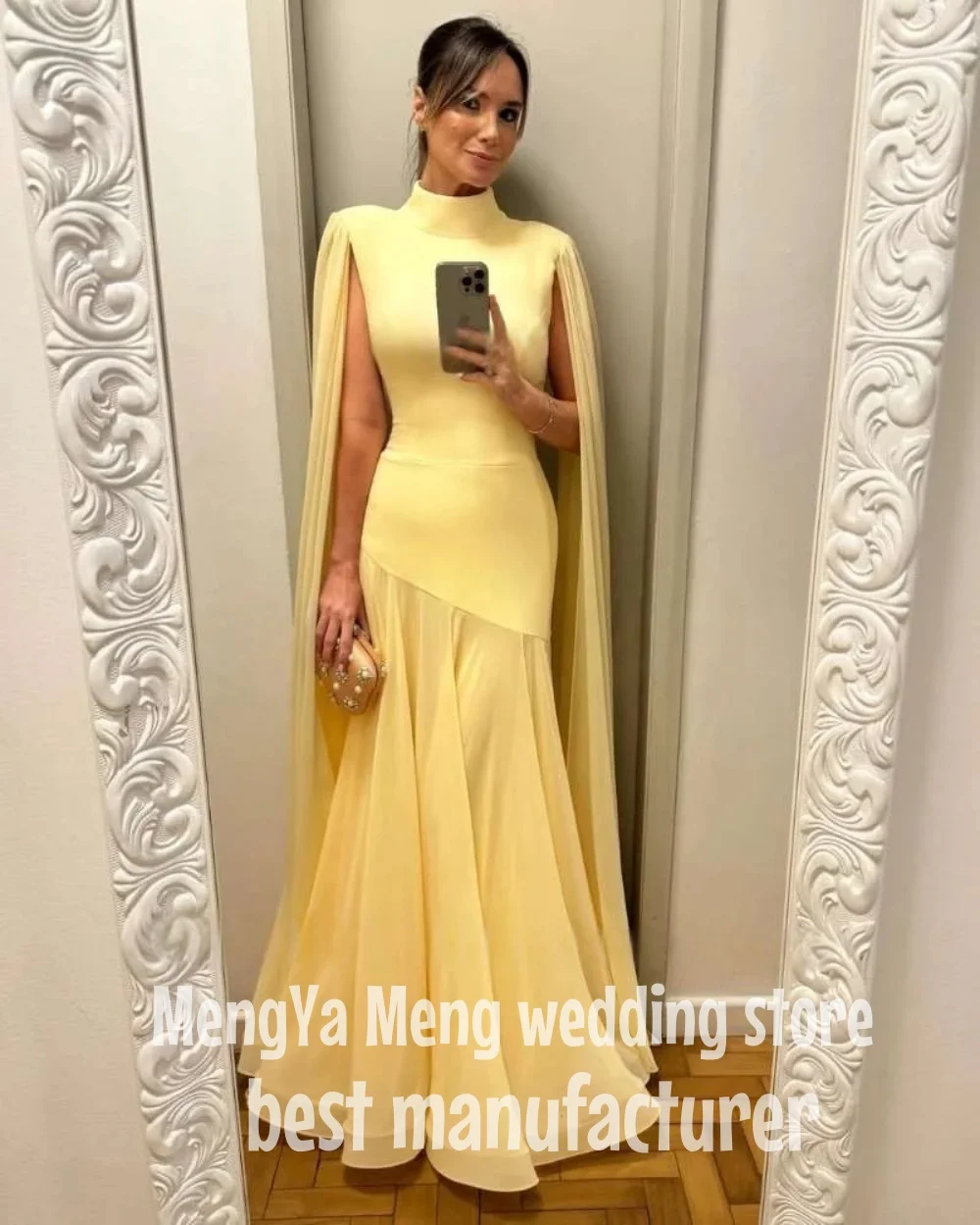 ZHUISHU الشيفون عالية الرقبة فستان ماكسي المرأة كيب كم بيبلوم الخصر فلوي هيم رداء جديد الصيف تاريخ أنيق سيدة الموضة