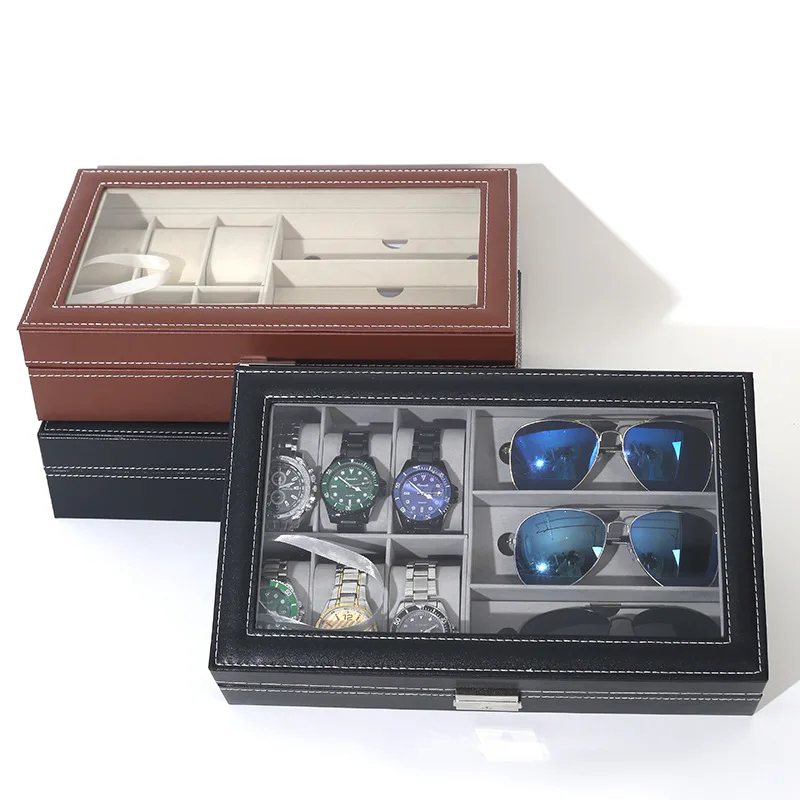 6+3 Girds PU Leather Multifunctional Glasses Organizer Watch Case Sunglasses Box Eyeglasses Display Storage  For Men Or Women