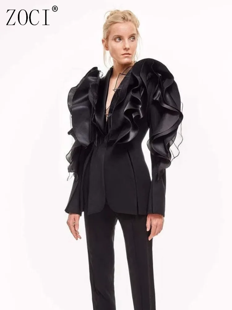 

ZOCI Niche Design Women's 3d Flounce Patchwork Blazers Irregular Suit Jackets Slim Coats For Female Coats 2025 Spring New FC1354
