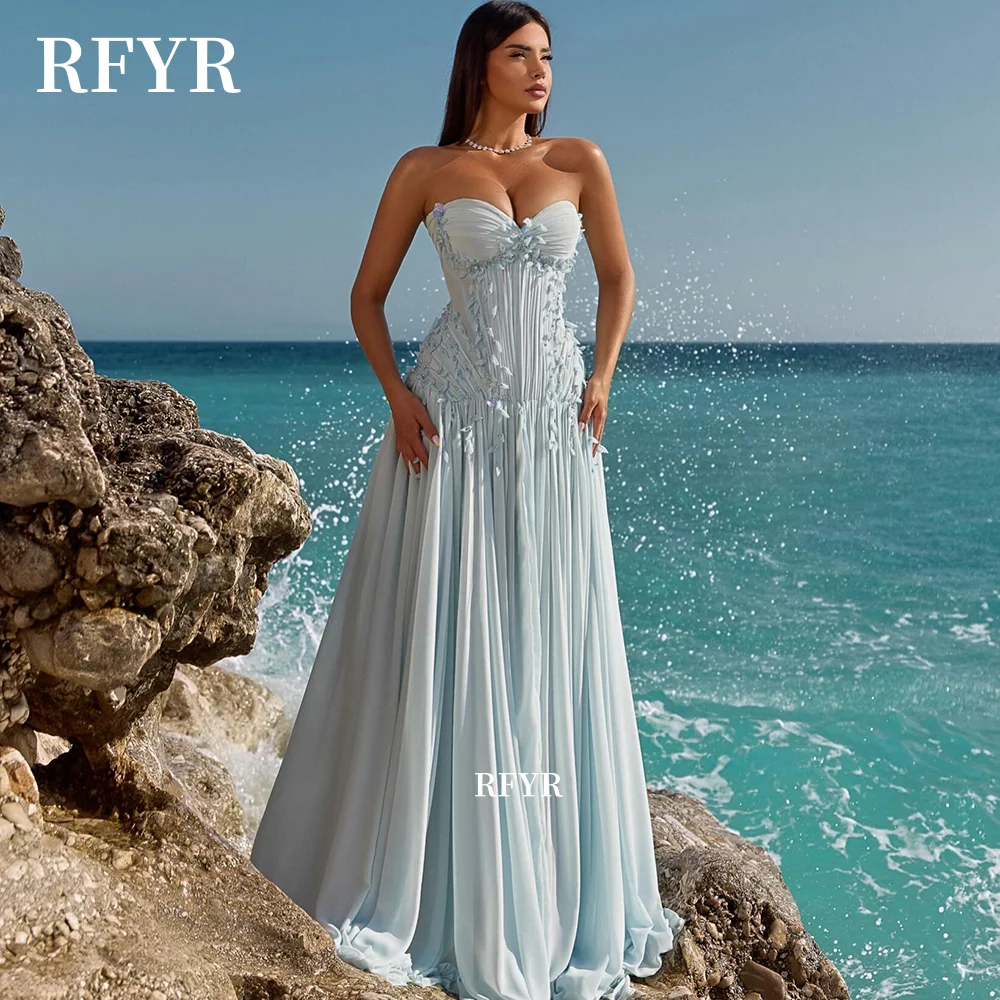 RFYR Blue A Line Prom Dress with 3D Flowers Sweetheart Party Dress with Pleats Chiffon Evening Dress for Women Customized