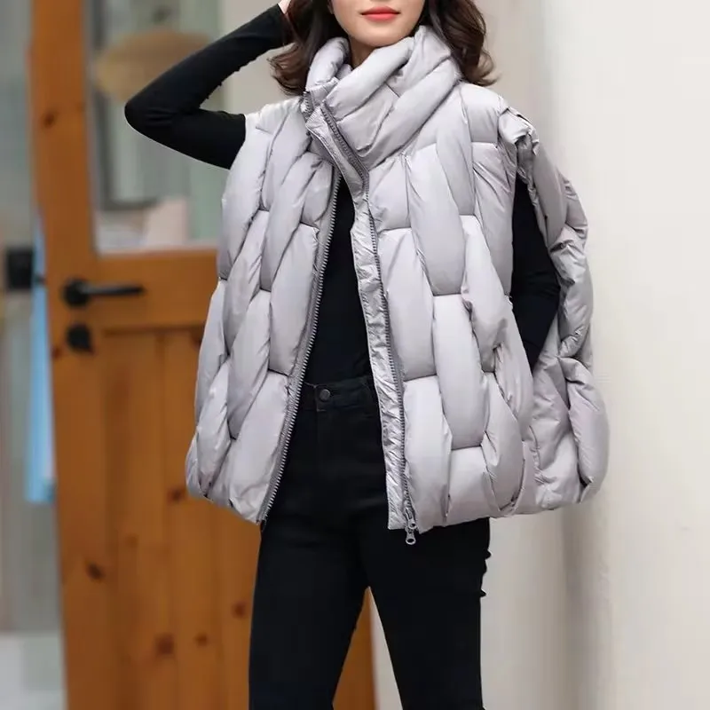 Frauen Dicke Baumwolle Weste Frauen Platz Weben Hohe Kragen Warme Weste Casual Warme Puffer Blase Ärmellose Jacke
