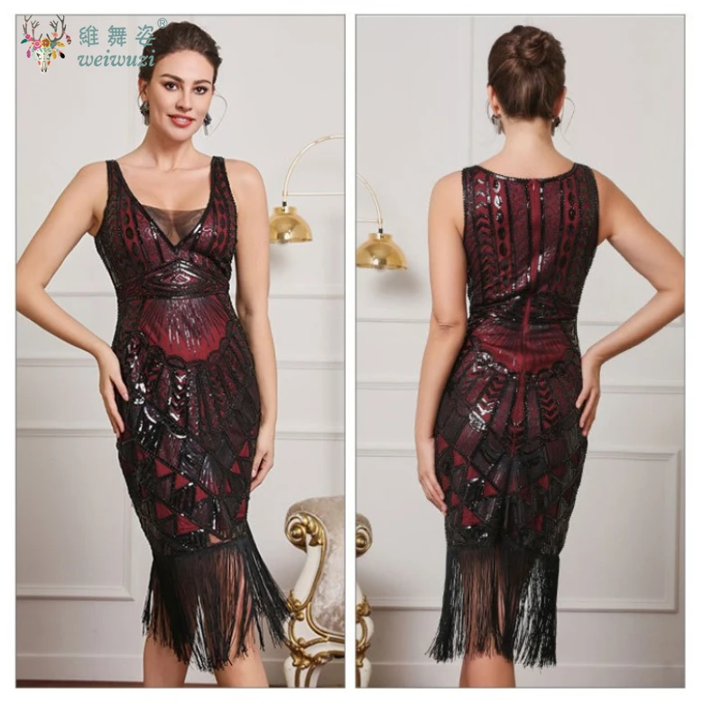 Sexy V-Ausschnitt, Pailletten, Perlenstickerei, Retro-Balltanzkleid, mittellanges Abendkleid mit Quaste und elegantem und bezauberndem Temperament