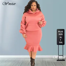 Ensemble deux pièces grande taille pour femme, sweat à capuche à manches longues, haut taille haute, ensembles de jupes maxi, vêtements d'hiver, vente en gros, livraison directe