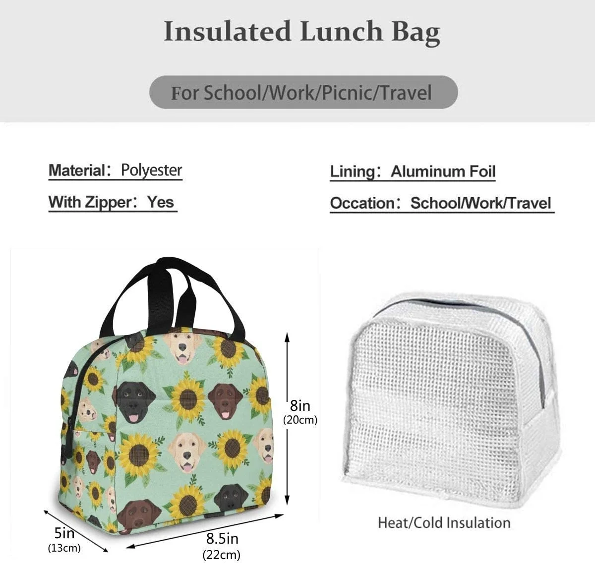Labrador Floral Sunflower Dog Insulated Lunch Bag For Women Men, Leakproof Thermal Reusable Lunch Bag