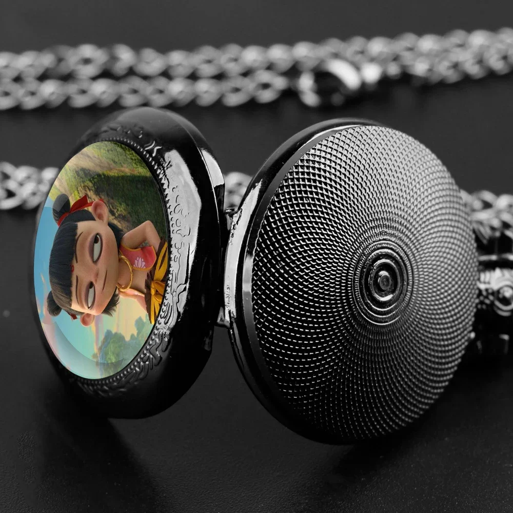 Hot Anime Nezha Glass Dome Pocket Watch with Chain Necklace Vintage Quartz Pendant Watches Mens Women Gift