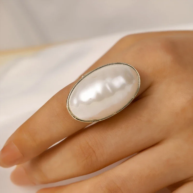 French Gentle Style Oval Imitation Pearl Open Ring, Women's Elegant Temperament Daily Hundred with Accessories Gift