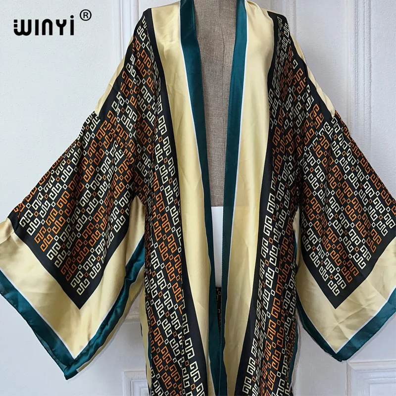 WINYI summer kimono Africa print beach cover up Swim Suit elegant African women boho Cardigan sexy Holiday silk feeling dress