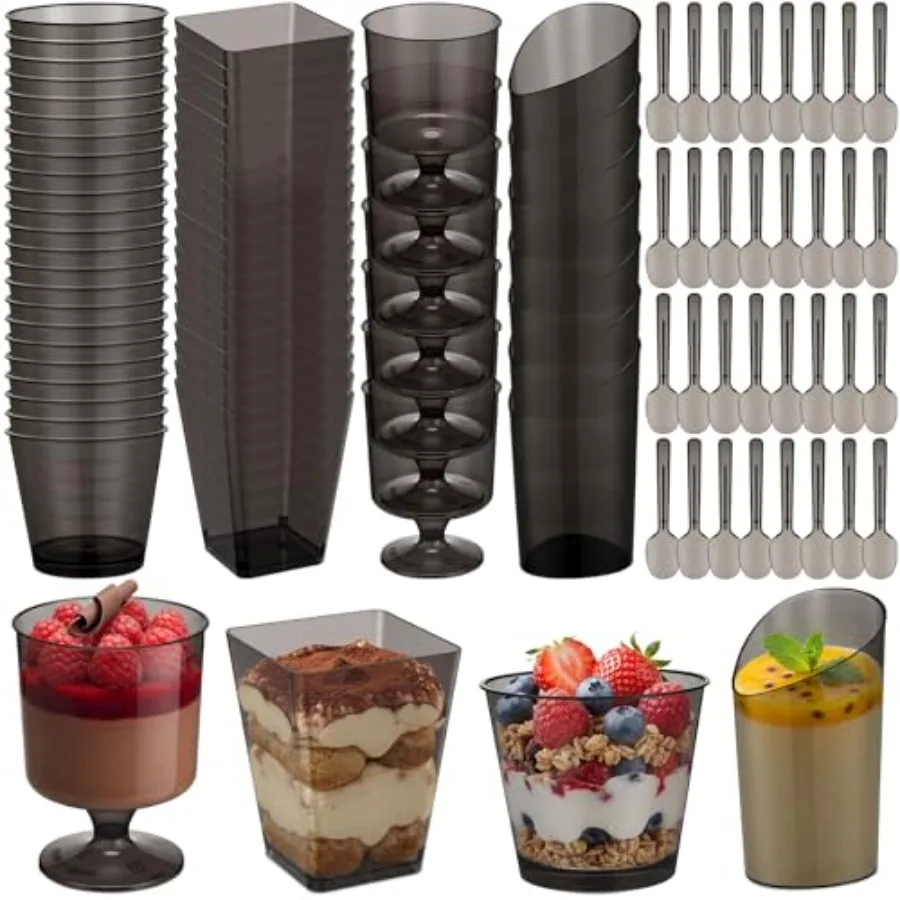 

300 Pack Mini Dessert Cups with Spoons 5oz 3oz Plastic Square Slanted Parfait Appetizer Shooter Round Goblet for Dessert Table