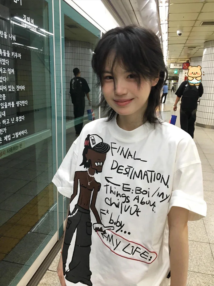 

Retro American Bla Print Pure Cotton ort Sve Women's T-irt Loose f Sve Top Summer Commute Sle round Ne