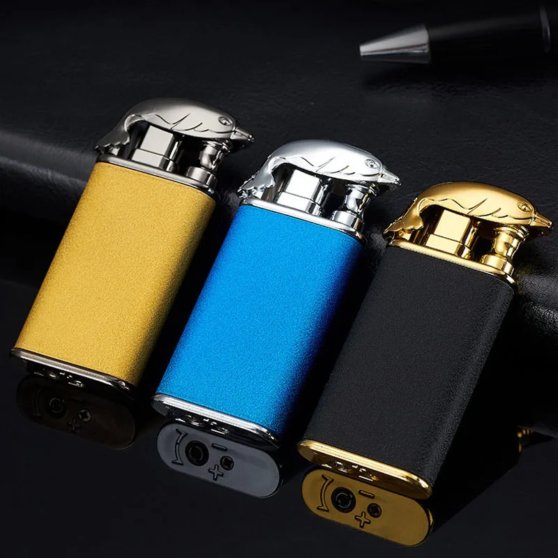 Double Fire Butane Lighter Metal Crocodile Blue Flame Cool Lighters Inflatable Windproof Open Fire Torch