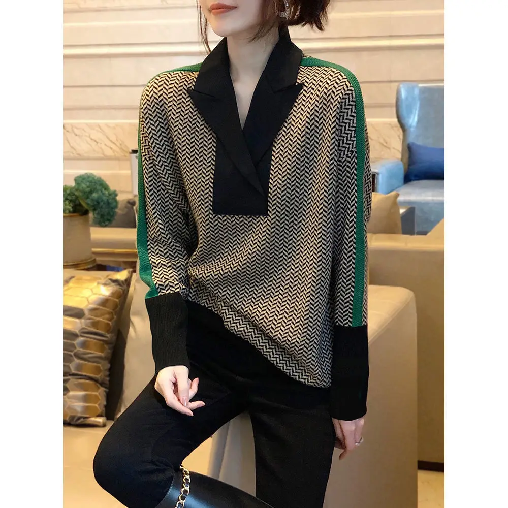 Long Sleeve V-Neck Spliced Casual Striped Sweaters Autumn Winter Fashion Women\'s Clothing Korean Loose All-match Knitted Jumpers