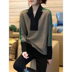 Long Sleeve V-Neck Spliced Casual Striped Sweaters Autumn Winter Fashion Women's Clothing Korean Loose All-match Knitted Jumpers