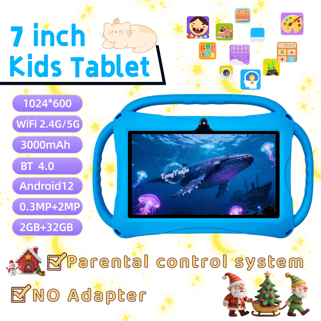 7-inch Android Educational Tablet, 2GB+32GB, WiFi, Parental Control, Protective Case, Holiday Gift,Blue/Pink
