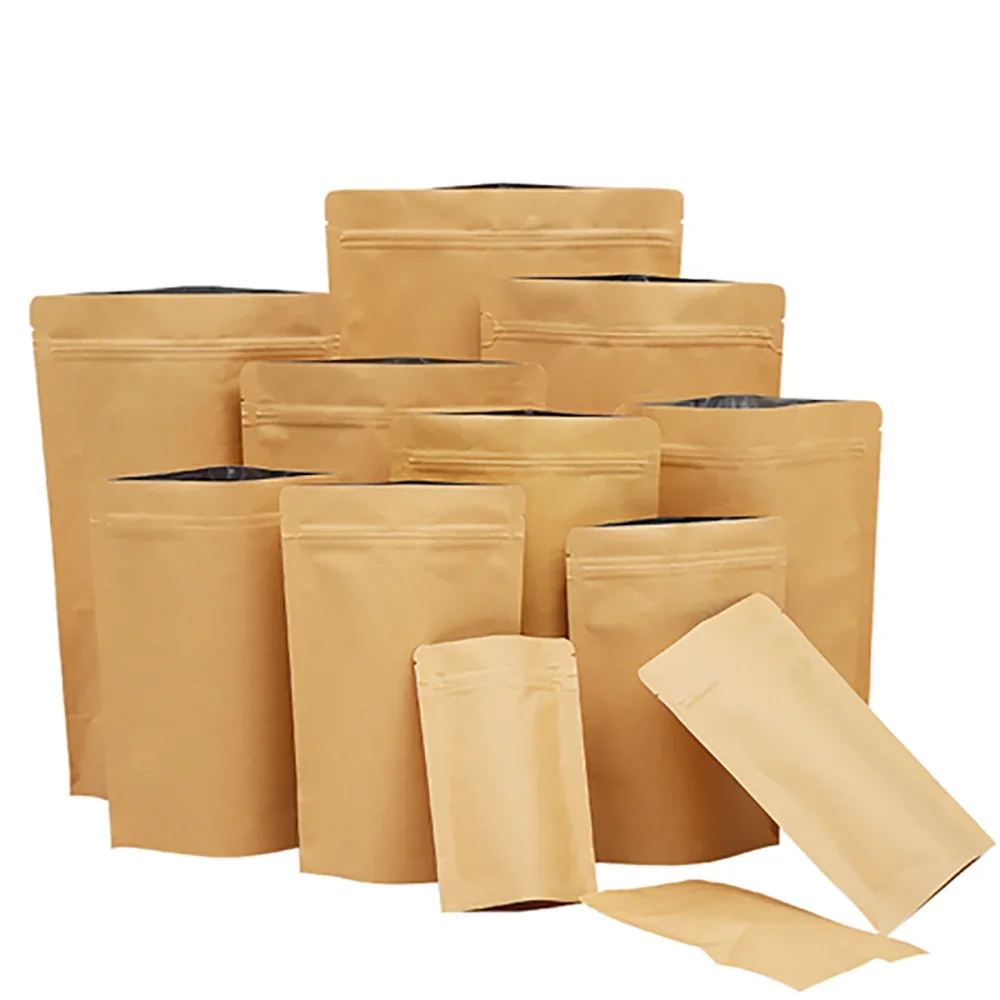 50PCS High Barrier Aluminum Foil Stand up Kraft Paper ZipLock Bag Powder Nuts Coffee Tea Kitchen Spice Resealable Packaing Bags