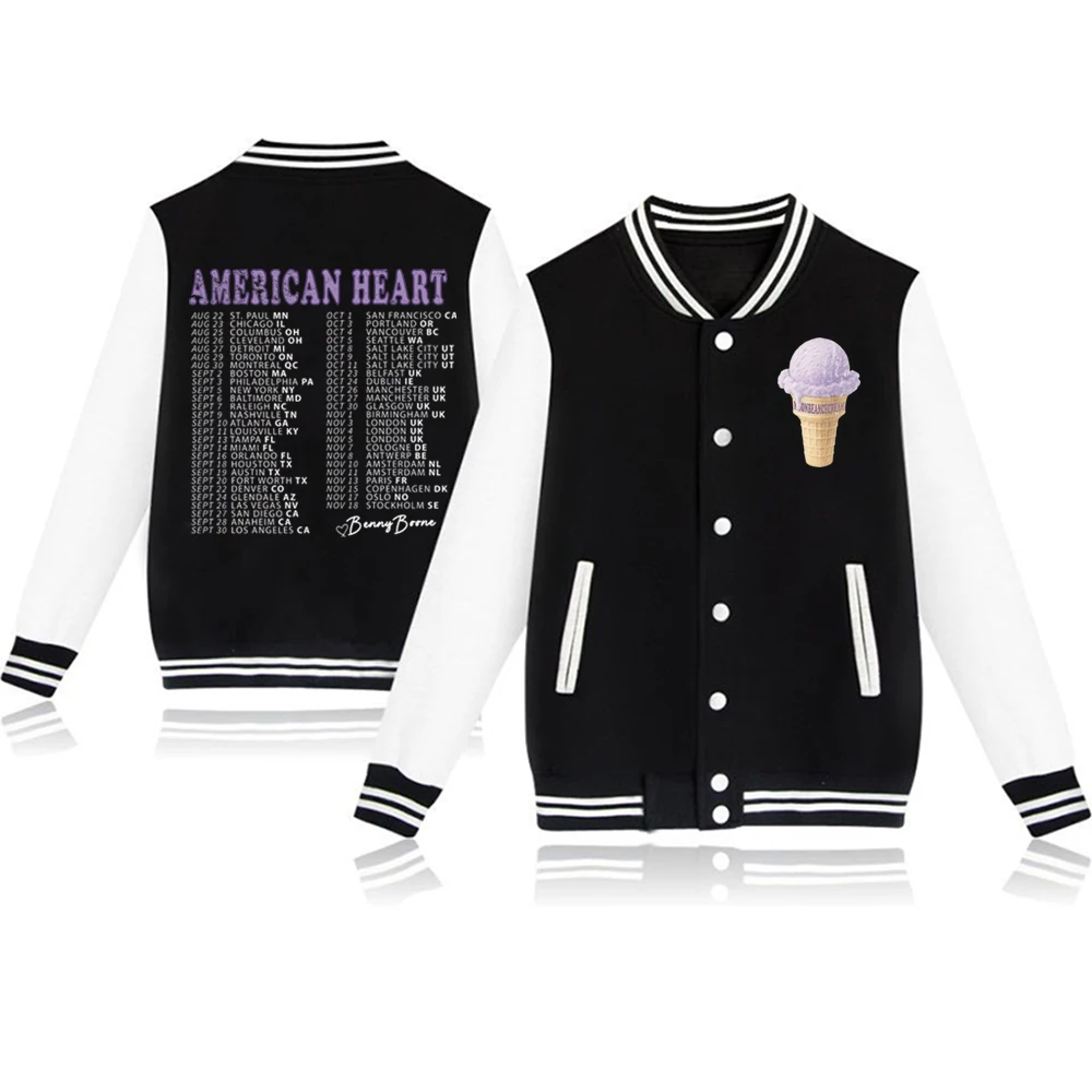 Benson Boone American Heart Tour 2025 Uniforme de beisebol com capuz jaqueta Harajuku moletom de manga comprida presente para fãs