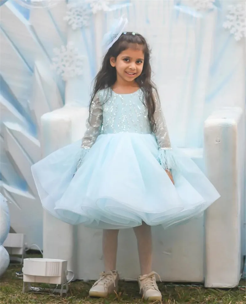 Flower Girl Dress For Wedding Tulle Puffy Lace Knee Length Applique Long Sleeve Birthday Party First Communion Ball Gowns