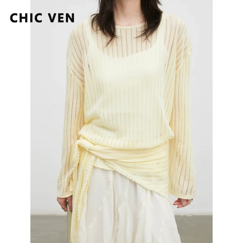 

CHIC VEN Fashion Women Sweater Pullovers Loose Casual Hollow-out Knitted Shirt with Shawl Knitwear Ladies Top Spring Summer 2026