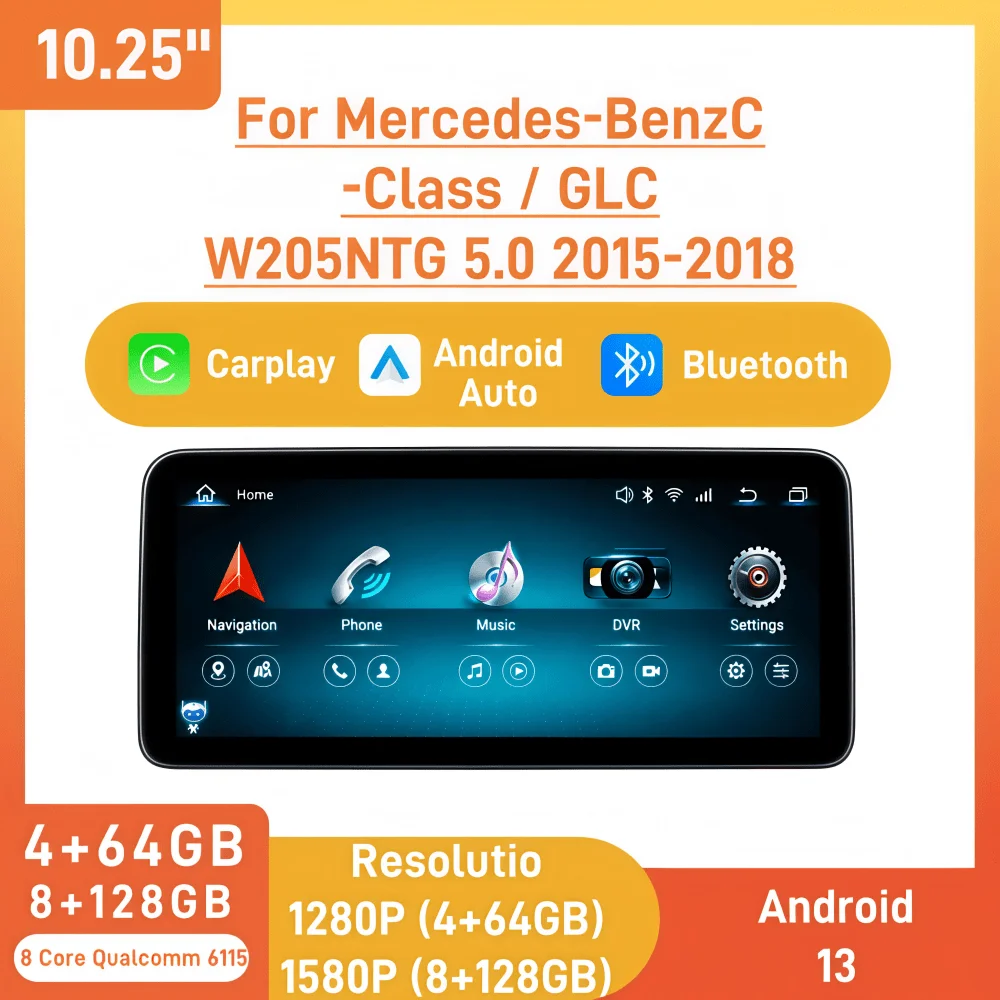 10.25 Inch Touch Screen For Benz C-Class GLC W205 NTG5.0 2015-2018, Plug & Play CarPlay Android Auto Navigation Player