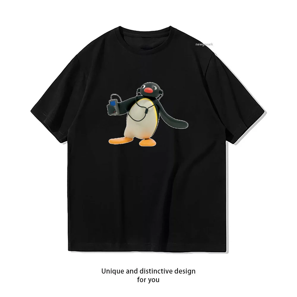 pingu listening to music Woman Man Casual Cotton Printed T Shirts Adult Streetwear Woman Clothing Breathable