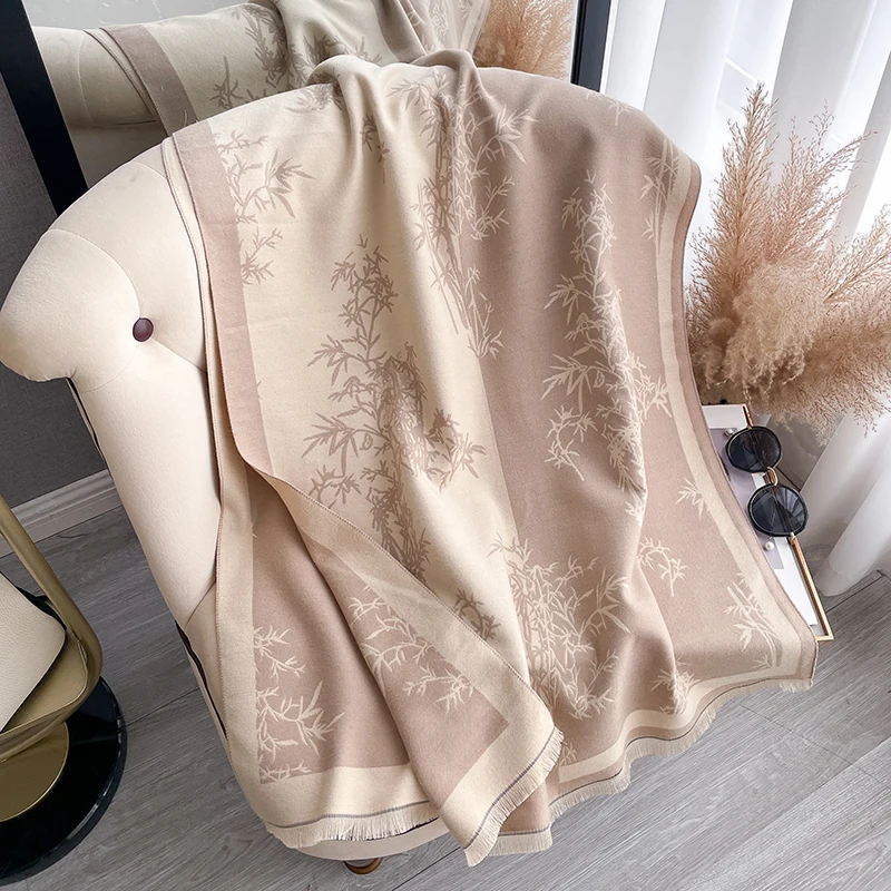Women's Bamboo Print Imitation Cashmere Shawl, Chinese Style Tassel Scarf, Soft Warm Long Wrap for Autumn Winter